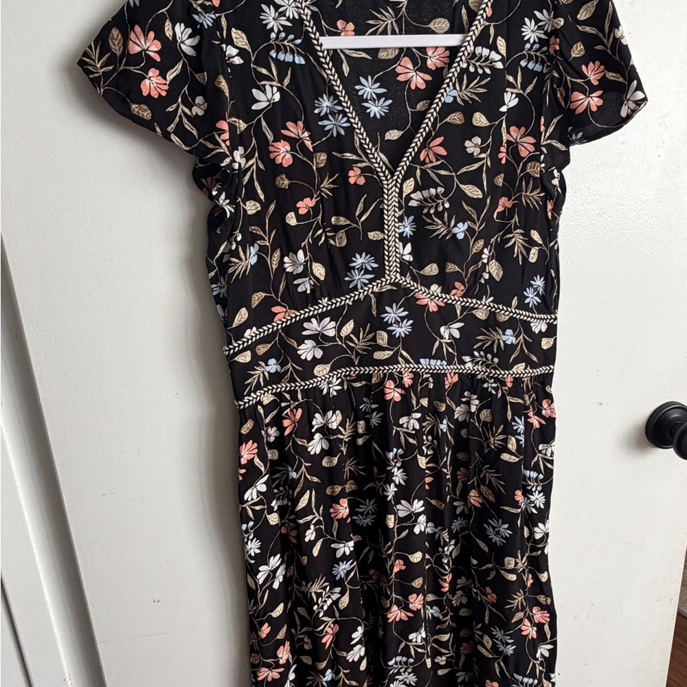LOFT Black Floral V-Neck Midi Dress with Pink & Blue Blooms